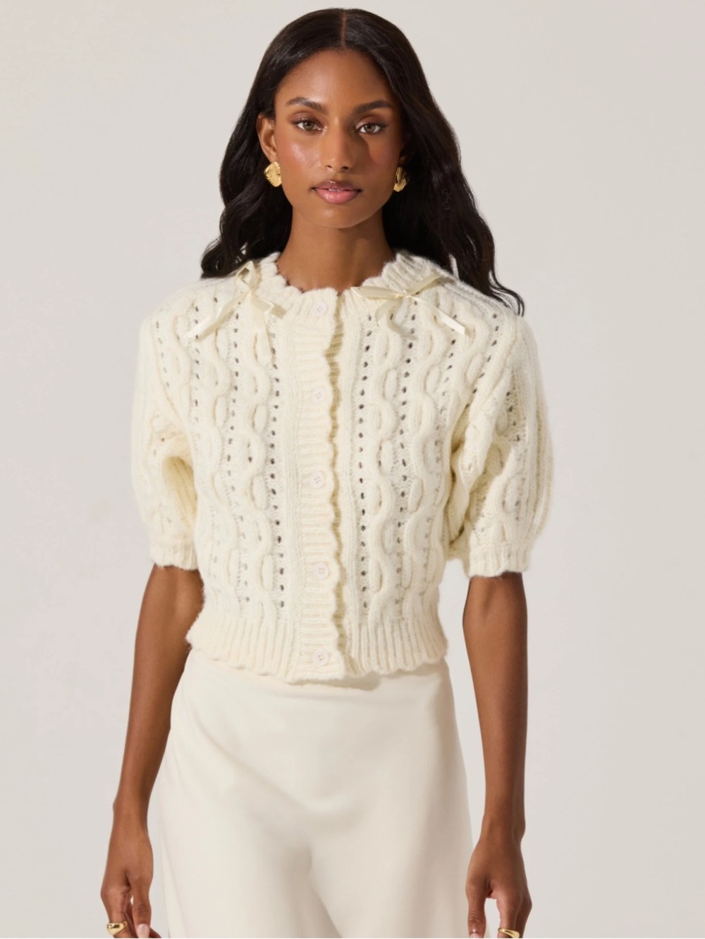ASTR the label  Cream Bow Detail Cable Knit Cardigan